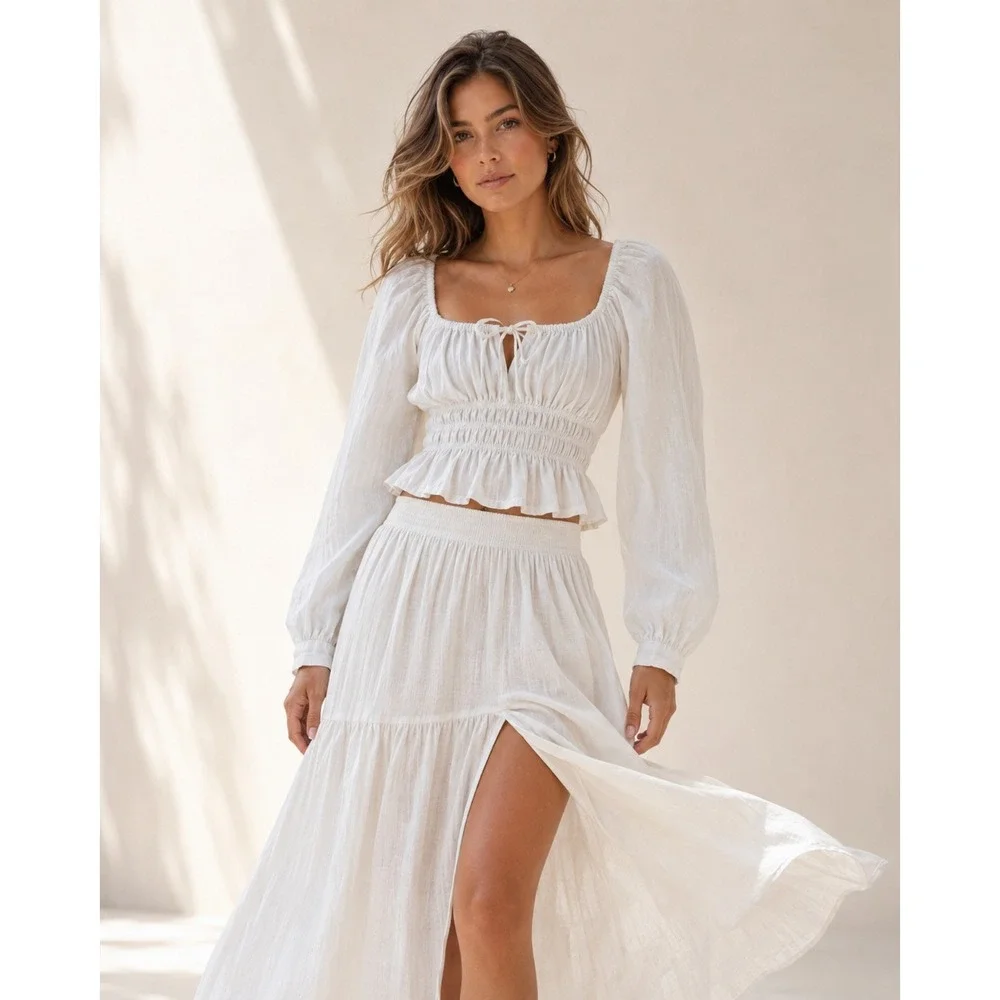 Faithfull the‎ Brand Bel Rose White Linen Crop Top 4 Off Shoulder Puff Sleeve